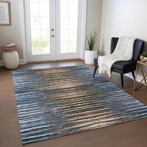 5' X 8' Blue Brown And Sky Blue Striped Washable Indoor Outdoor Area Rug