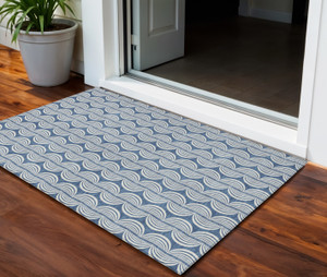 3' X 5' Denim Blue And Ivory Ogee Washable Indoor Outdoor Area Rug
