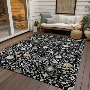 3' X 5' Black Ivory And Gray Oriental Washable Indoor Outdoor Area Rug