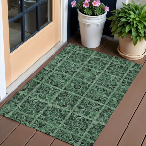 3' X 5' Fern Green And Charcoal Medallion Washable Indoor Outdoor Area Rug