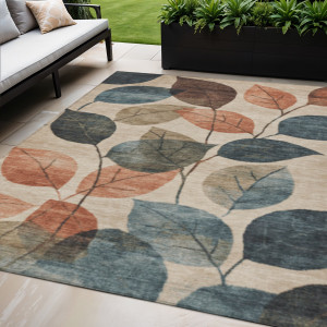 5' X 8' Beige Copper And Denim Blue Floral Washable Indoor Outdoor Area Rug