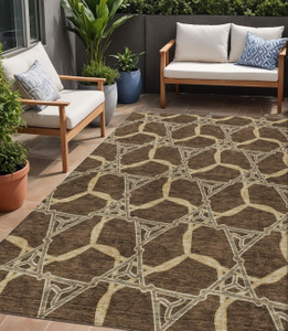 5' X 8' Brown And Beige Geometric Washable Indoor Outdoor Area Rug Transitional Style - Brown, Beige Color