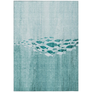 3' X 5' Teal Blue Aqua And Ivory Nautical Washable Indoor Outdoor Area Rug
