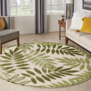 8' Ivory And Green Round Palm Leaf Indoor Outdoor Area Rug