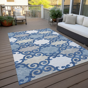 3' X 5' Navy Blue Gray And Ivory Trellis Washable Indoor Outdoor Area Rug