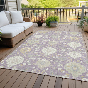 3' X 5' Lavender Gold And Green Damask Washable Indoor Outdoor Area Rug
