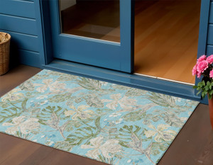 3' X 5' Teal Blue Olive Green And Beige Botanical Leaves Washable Indoor Outdoor Area Rug