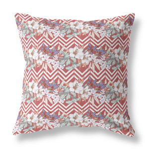 26" X 26" Red And White Blown Seam Floral Indoor Outdoor Throw Pillow