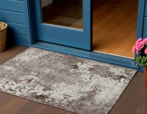 3' X 5' Taupe Ivory And Brown Damask Washable Indoor Outdoor Area Rug