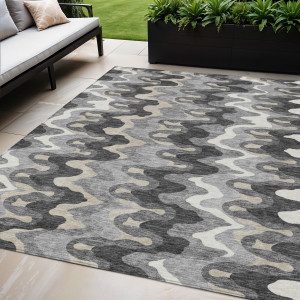 5' X 8' Gray Silver And Charcoal Abstract Washable Indoor Outdoor Area Rug - 608219078751