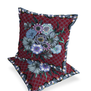Set of Two 16" X 16" Gray and Red Botanical Indoor Outdoor Throw Pillow