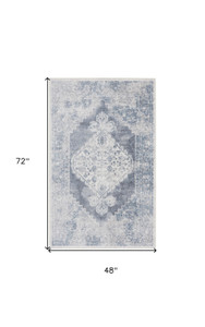 4' X 6' Blue Oriental Power Loom Distressed Washable Area Rug Polyester