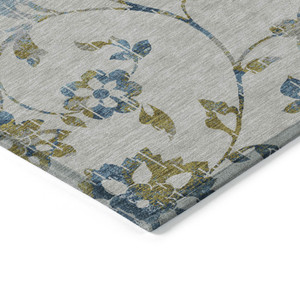 3' X 5' Taupe Navy Blue And Denim Blue Floral Washable Indoor Outdoor Area Rug