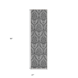 8' Runner Gray Damask Washable Non Skid Indoor Outdoor Runner Rug