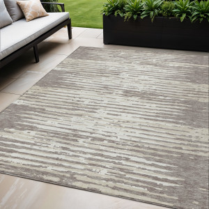 5' X 8' Taupe And Ivory Striped Washable Indoor Outdoor Area Rug - 608219190064