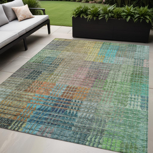 5' X 8' Green Gold And Teal Blue Abstract Washable Indoor Outdoor Area Rug