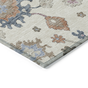 3' X 5' Ivory Brown And Blue Floral Washable Indoor Outdoor Area Rug