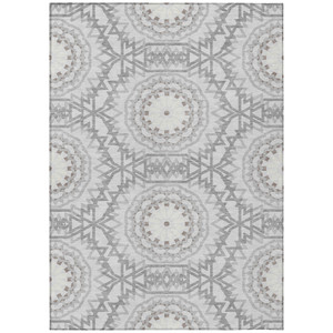 5' X 8' Silver Ivory And Gray Floral Medallion Washable Indoor Outdoor Area Rug