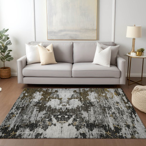 5' X 8' Taupe Brown And Gold Abstract Washable Indoor Outdoor Area Rug