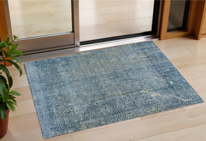 3' X 5' Blue And Ivory Abstract Washable Indoor Outdoor Area Rug - 880016727753