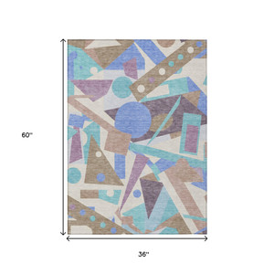 3' X 5' Brown Teal Blue And Ivory Geometric Washable Indoor Outdoor Area Rug