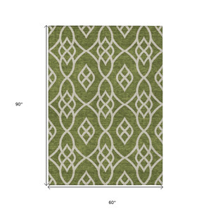 5' X 8' Olive Green And Ivory Trellis Washable Indoor Outdoor Area Rug