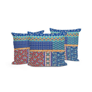 Set of Three 16" X 16" Blue and Orange Botanical Indoor Outdoor Throw Pillow Polyester Home Accent