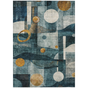 5' X 8' Teal Blue Ivory And Gold Geometric Washable Indoor Outdoor Area Rug