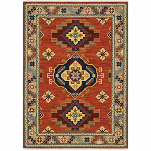 3' X 5' Red Gold Blue Brown Oriental Power Loom Stain Resistant Area Rug With Fringe - 606114604396