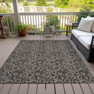 3' X 5' Chocolate And Charcoal Floral Washable Indoor Outdoor Area Rug