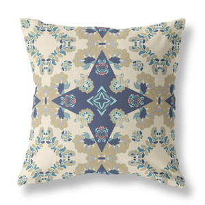 16" X 16" Cream And Blue Floral Blown Seam Suede Throw Pillow