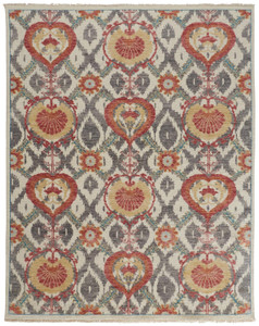 8' X 10' Orange And Gray Wool Floral Hand Knotted Stain Resistant Area Rug