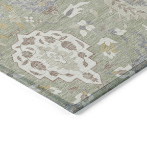 5' X 8' Artichoke Green Brown And Ivory Damask Washable Indoor Outdoor Area Rug