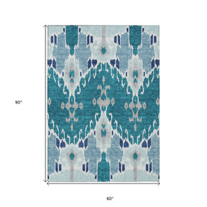 5' X 8' Teal Blue Navy Blue And Gray Ikat Washable Indoor Outdoor Area Rug