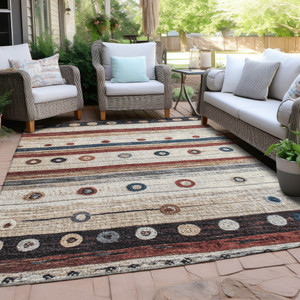 3' X 5' Beige Rust And Navy Blue Striped Washable Indoor Outdoor Area Rug