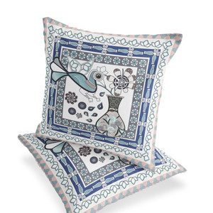 Set of Two 16" X 16" Gray and White Peacock Blown Seam Floral Indoor Outdoor Throw Pillow - 606114837237