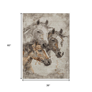 3' X 5' Beige And Gray Horse Washable Indoor Outdoor Area Rug
