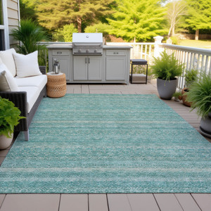 5' X 8' Teal Blue And Beige Striped Washable Indoor Outdoor Area Rug - 880016622584