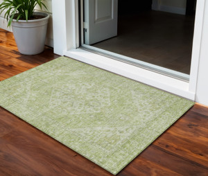 3' X 5' Sage And Ivory Oriental Washable Indoor Outdoor Area Rug