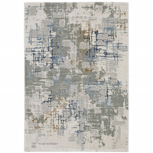 2' X 8' Grey Blue Brown Ivory And Deep Blue Abstract Power Loom Stain Resistant Runner Rug - 606114599531