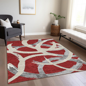 3' X 5' Red Beige And Gray Abstract Washable Indoor Outdoor Area Rug