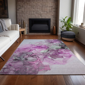 5' X 8' Gray and Purple Abstract Washable Non Skid Indoor Outdoor Area Rug - 608219389956