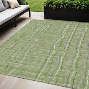 5' X 8' Green Ivory And Gray Striped Washable Indoor Outdoor Area Rug