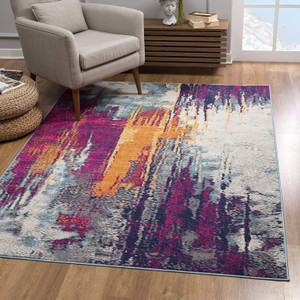 8' Gray Ivory And Magenta Abstract Runner Rug