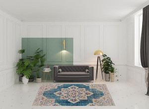 7' X 9' Blue Rust And Beige Medallion Area Rug