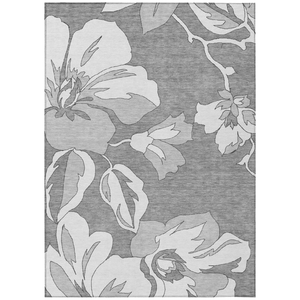 3' X 5' Gray And Silver Floral Washable Indoor Outdoor Area Rug