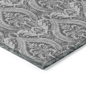 5' X 8' Gray Damask Washable Non Skid Indoor Outdoor Area Rug