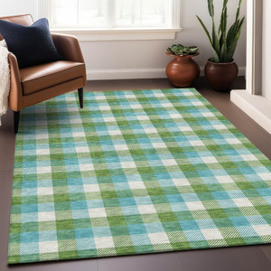 5' X 8' Lime Green Aqua And Beige Plaid Washable Indoor Outdoor Area Rug