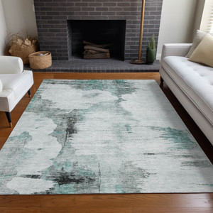 5' X 8' Teal Blue Silver And Gray Abstract Washable Indoor Outdoor Area Rug