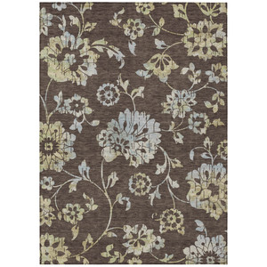 3' X 5' Chocolate Sky Blue And Artichoke Green Floral Washable Indoor Outdoor Area Rug
